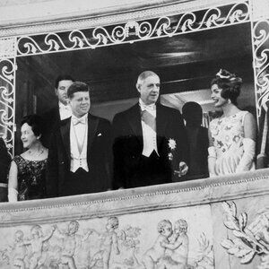 B&W Print - President and Mrs. Kennedy at reception in Versailles Palace, 1961